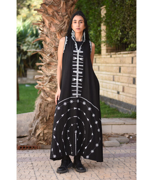 Black Siwa Embroidered Linen Japanese Dress handmade in Egypt & available at Jozee Boutique.