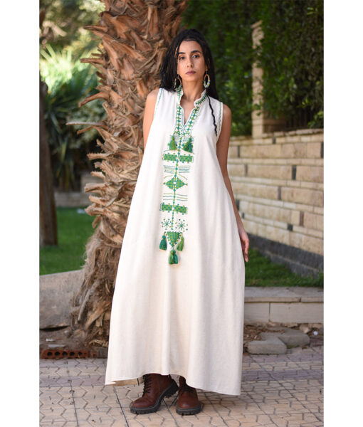 Beige Siwa Embroidered Linen Japanese Dress handmade in Egypt & available at Jozee Boutique.