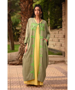 Olive Green Siwa Embroidered Handwoven Linen Cardigan handmade in Egypt & available at Jozee Boutique.