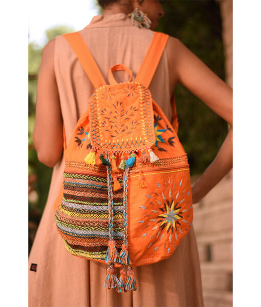 Orange Beaded Saint Catherine Embroidered Backpack Hand Bag handmade in Egypt & available in Jozee boutique