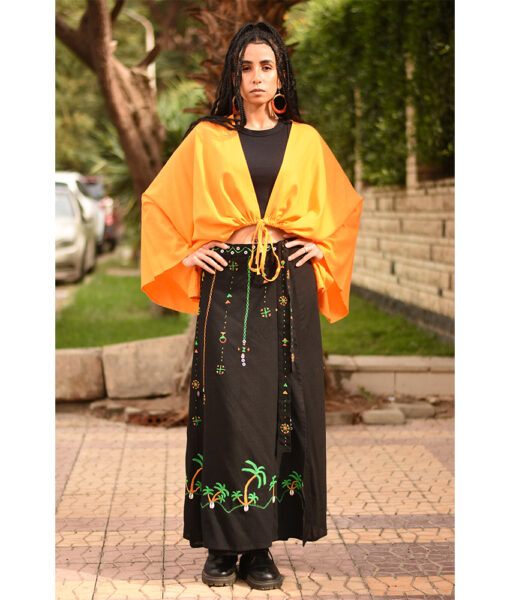 Black Siwa Embroidered Linen Wrap Skirt handmade in Egypt & available at Jozee Boutique.