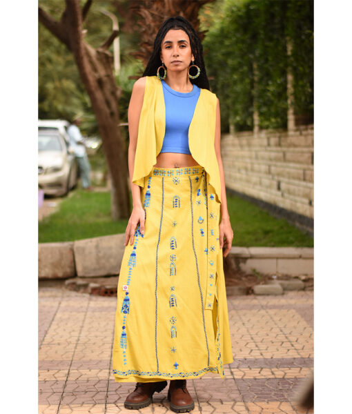 Yellow Siwa Embroidered Linen Wrap Skirt handmade in Egypt & available at Jozee Boutique.