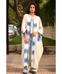 Beige Siwa Embroidered Handwoven Linen Cardigan handmade in Egypt & available at Jozee Boutique.