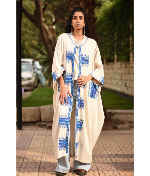 Beige Siwa Embroidered Handwoven Linen Cardigan handmade in Egypt & available at Jozee Boutique.