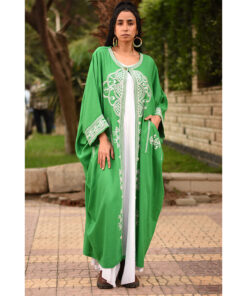 Green Siwa Embroidered Handwoven Linen Cardigan handmade in Egypt & available at Jozee Boutique.