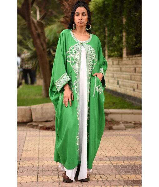 Green Siwa Embroidered Handwoven Linen Cardigan handmade in Egypt & available at Jozee Boutique.