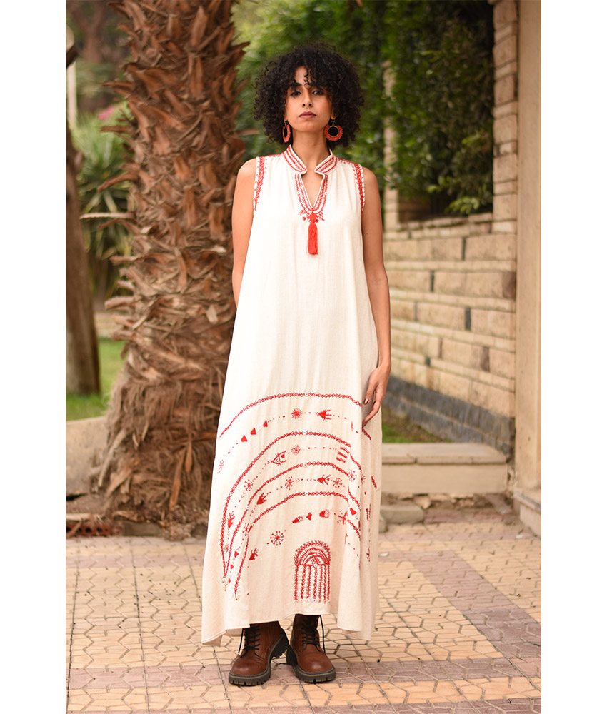 Off White Siwa Embroidered Linen Japanese Dress handmade in Egypt & available at Jozee Boutique.