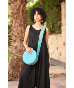 Turquoise Hand Stitched Circle Cross Leather Bag handmade in Egypt & available in Jozee boutique