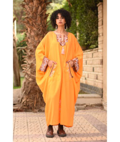 Orange Siwa Embroidered Linen Kaftan with Silk & Cotton Loom Woven Patches handmade in Egypt & available at Jozee Boutique.