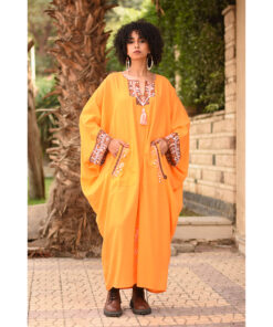 Orange Siwa Embroidered Linen Kaftan with Silk & Cotton Loom Woven Patches handmade in Egypt & available at Jozee Boutique.