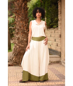 Off white Flowy Pants with apple green Patches handmade in Egypt & available in Jozee boutique