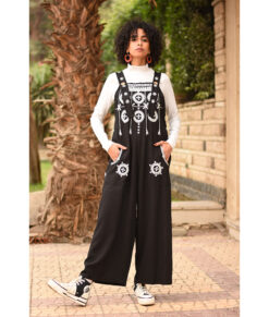 Black Siwa Embroidered Linen Jumpsuit Handmade in Egypt & available at Jozee Boutique