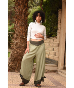 Light Olive Green Flowy Pants with Dark Olive Green Patches handmade in Egypt & available in Jozee boutique