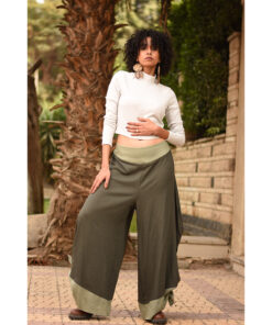 Dark Olive Green Flowy Pants with Light Olive Green Patches handmade in Egypt & available in Jozee boutique