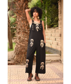 Black Siwa Embroidered Linen Jumpsuit Handmade in Egypt & available at Jozee Boutique