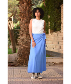 Blue Denim Linen Wrap Skirt handmade in Egypt & available at Jozee Boutique.