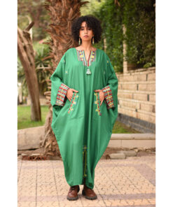 Green Siwa Embroidered Linen Kaftan with Silk & Cotton Loom Woven Patches handmade in Egypt & available at Jozee Boutique.