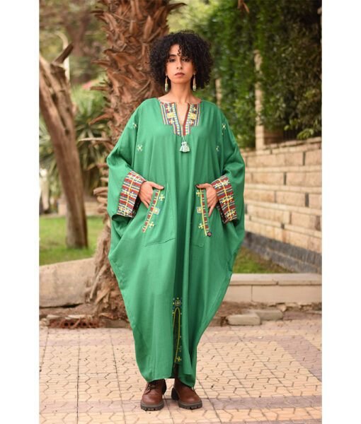 Green Siwa Embroidered Linen Kaftan with Silk & Cotton Loom Woven Patches handmade in Egypt & available at Jozee Boutique.