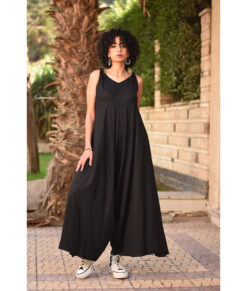 Black Flowy Jumpsuit/Dress handmade in Egypt & available at Jozee Boutique.