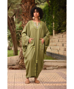 Army Green Siwa Embroidered Linen Kaftan with Silk & Cotton Loom Woven Patches handmade in Egypt & available at Jozee Boutique.