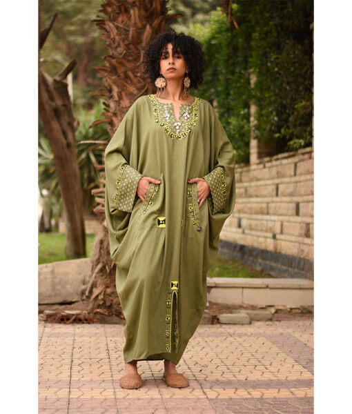 Army Green Siwa Embroidered Linen Kaftan with Silk & Cotton Loom Woven Patches handmade in Egypt & available at Jozee Boutique.