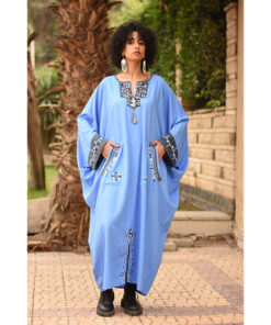 Denim Blue Siwa Embroidered Linen Kaftan with Silk & Cotton Loom Woven Patches handmade in Egypt & available at Jozee Boutique.