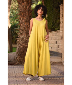 Mustard Flowy Jumpsuit/Dress handmade in Egypt & available at Jozee Boutique.