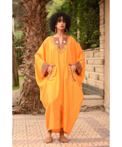 Orange Siwa Embroidered Linen Kaftan with Silk & Cotton Loom Woven Patches handmade in Egypt & available at Jozee Boutique.