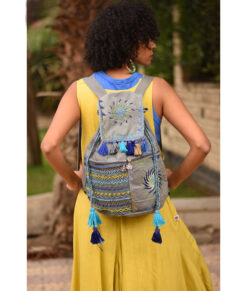 Grey Beaded Saint Catherine Embroidered Backpack Hand Bag handmade in Egypt & available in Jozee boutique