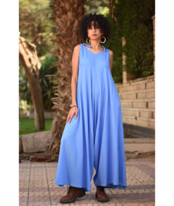 Blue Denim Flowy Jumpsuit/Dress handmade in Egypt & available at Jozee Boutique.