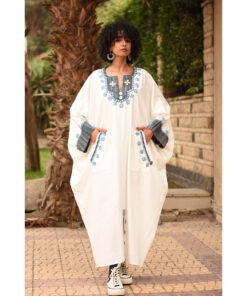 White Siwa Embroidered Linen Kaftan with Silk & Cotton Loom Woven Patches handmade in Egypt & available at Jozee Boutique.