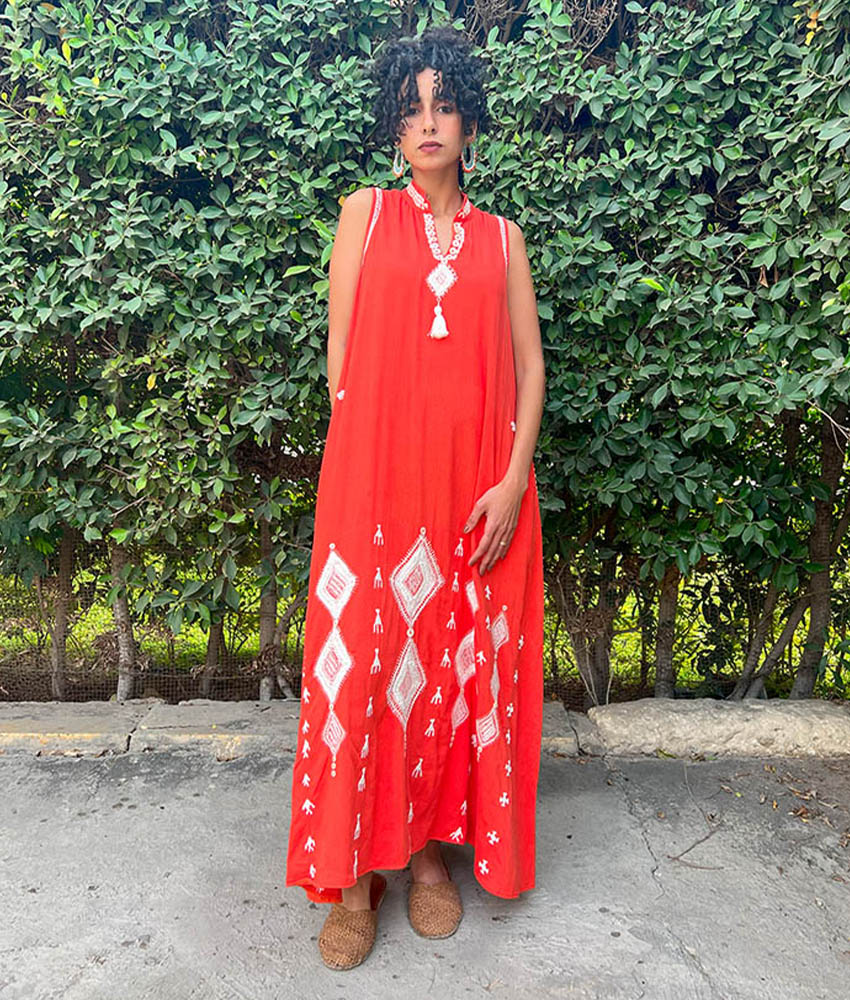 Orange Red Siwa Embroidered Linen Japanese Dress handmade in Egypt & available at Jozee Boutique.