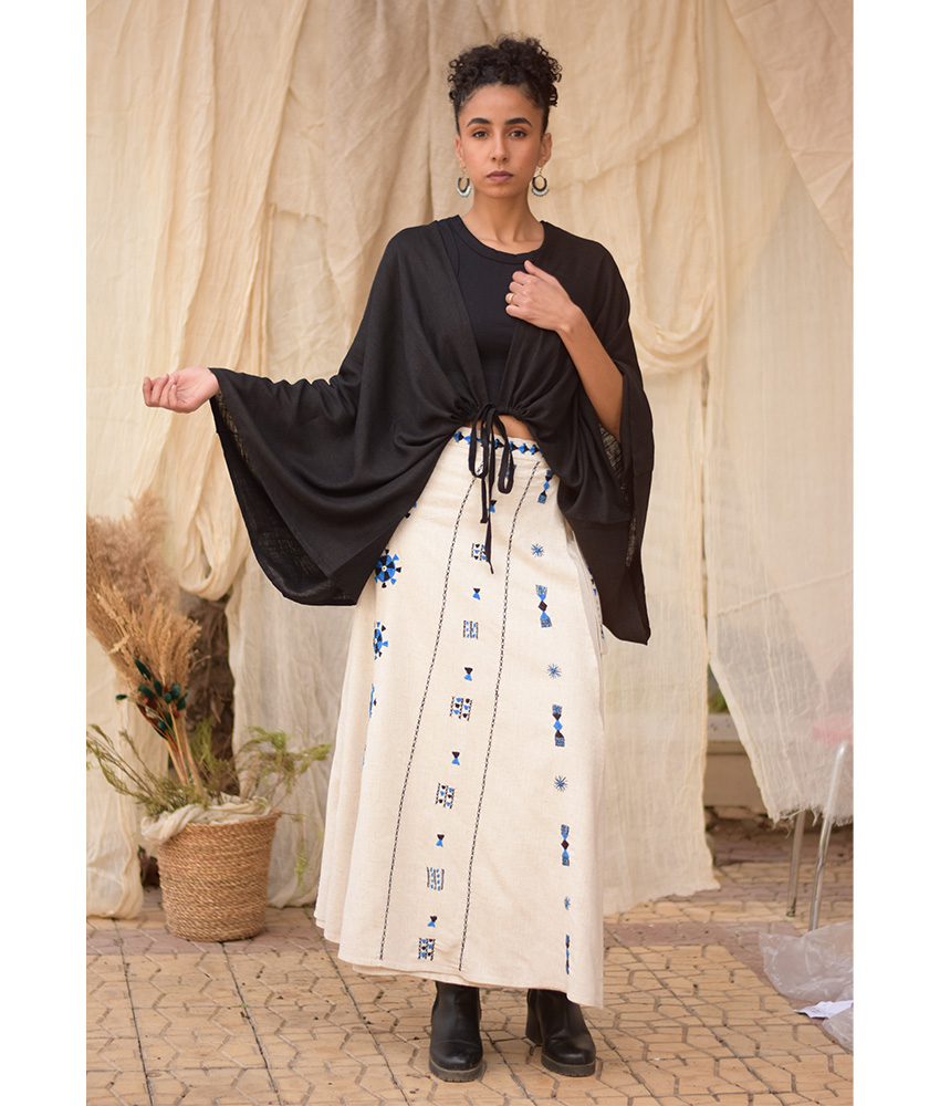 Off White Siwa Embroidered Linen Wrap Skirt handmade in Egypt & available at Jozee Boutique.