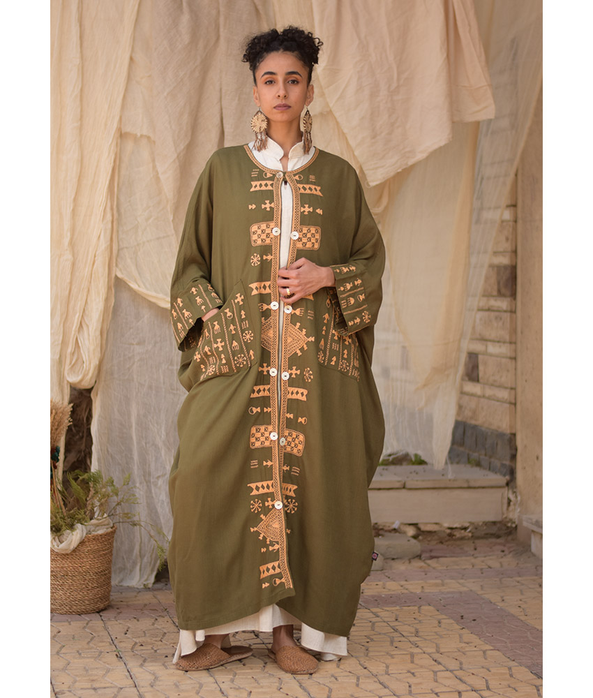 Army Green Siwa Embroidered Handwoven Linen Cardigan handmade in Egypt & available at Jozee Boutique.