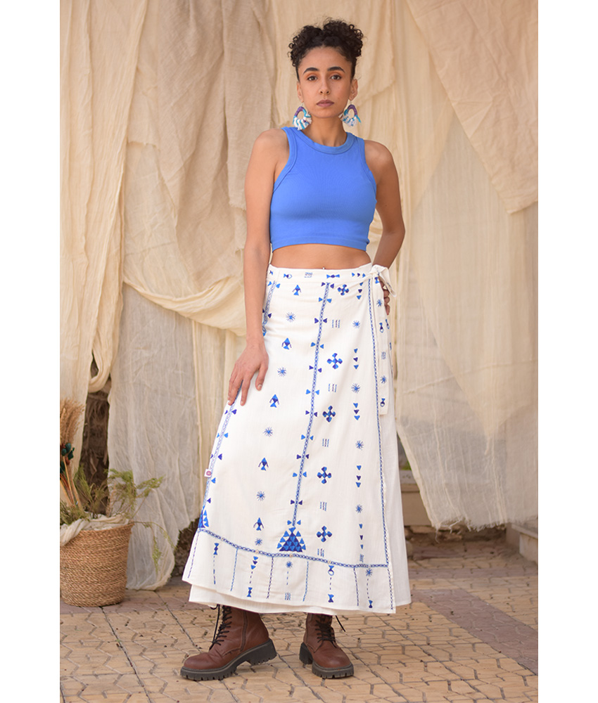 White Siwa Embroidered Linen Wrap Skirt handmade in Egypt & available at Jozee Boutique.